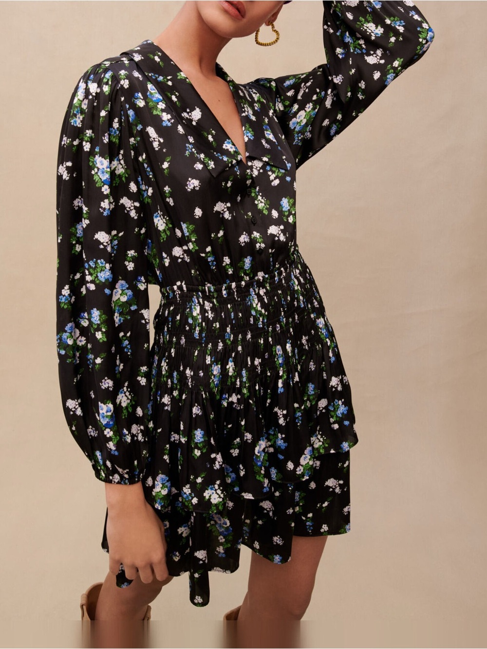 Maje Smocked Floral-Print Dress | Size 34 (XS)